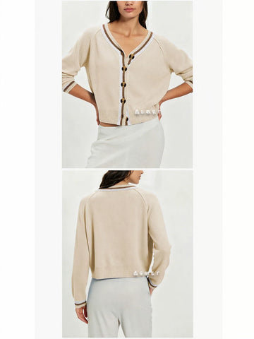 Cropped Varsity Trim Knit Cardigan