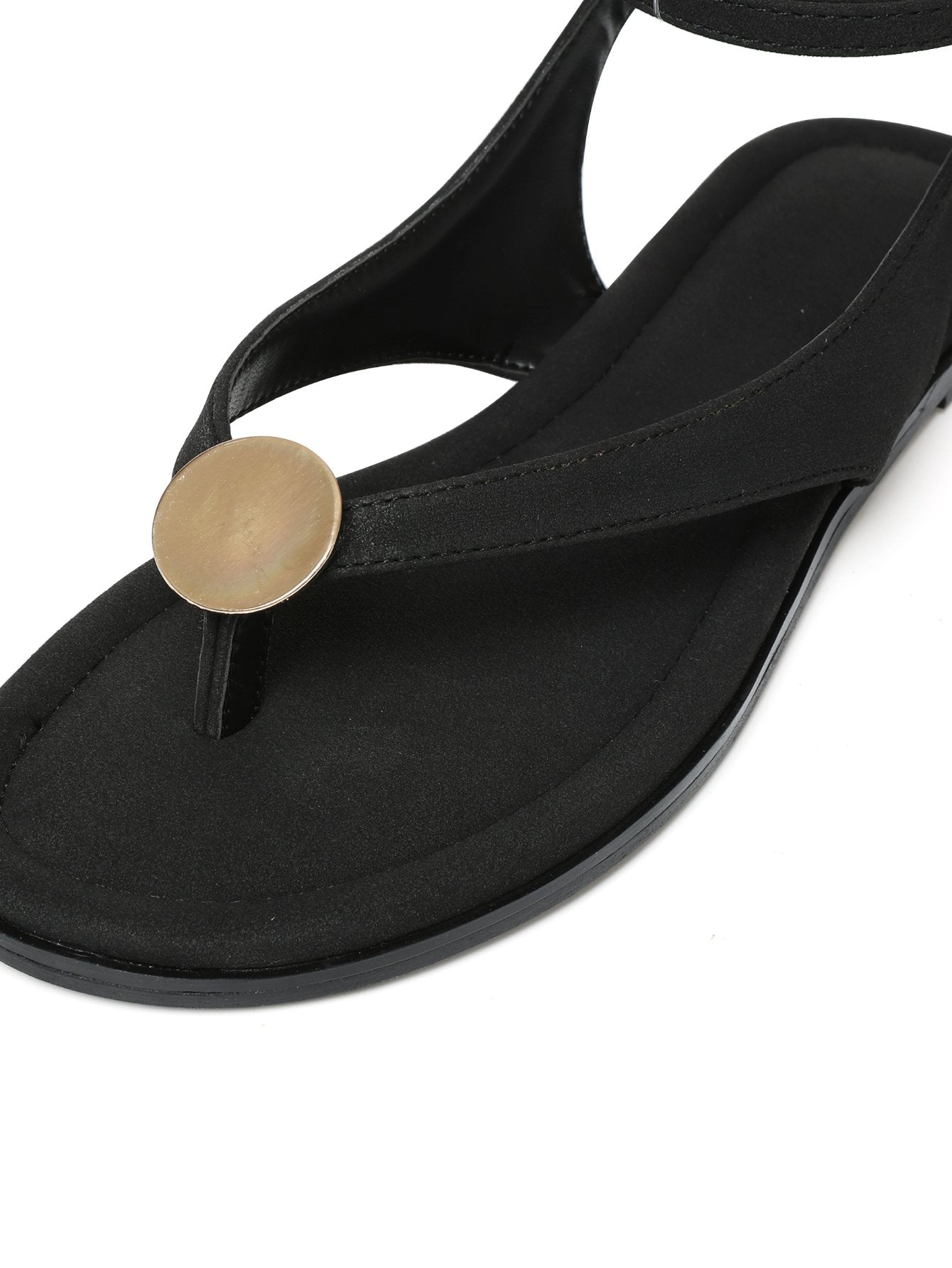 Ankle-Tie Cross-Strap Gold Accent Boho Chic Flat Sandals-Black