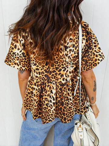Leopard Print Puff Sleeve Peplum Top