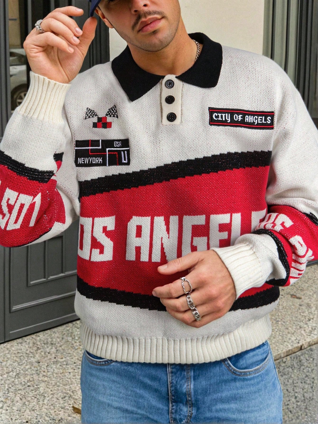 Oversized Graphic Polo Knit Sweater