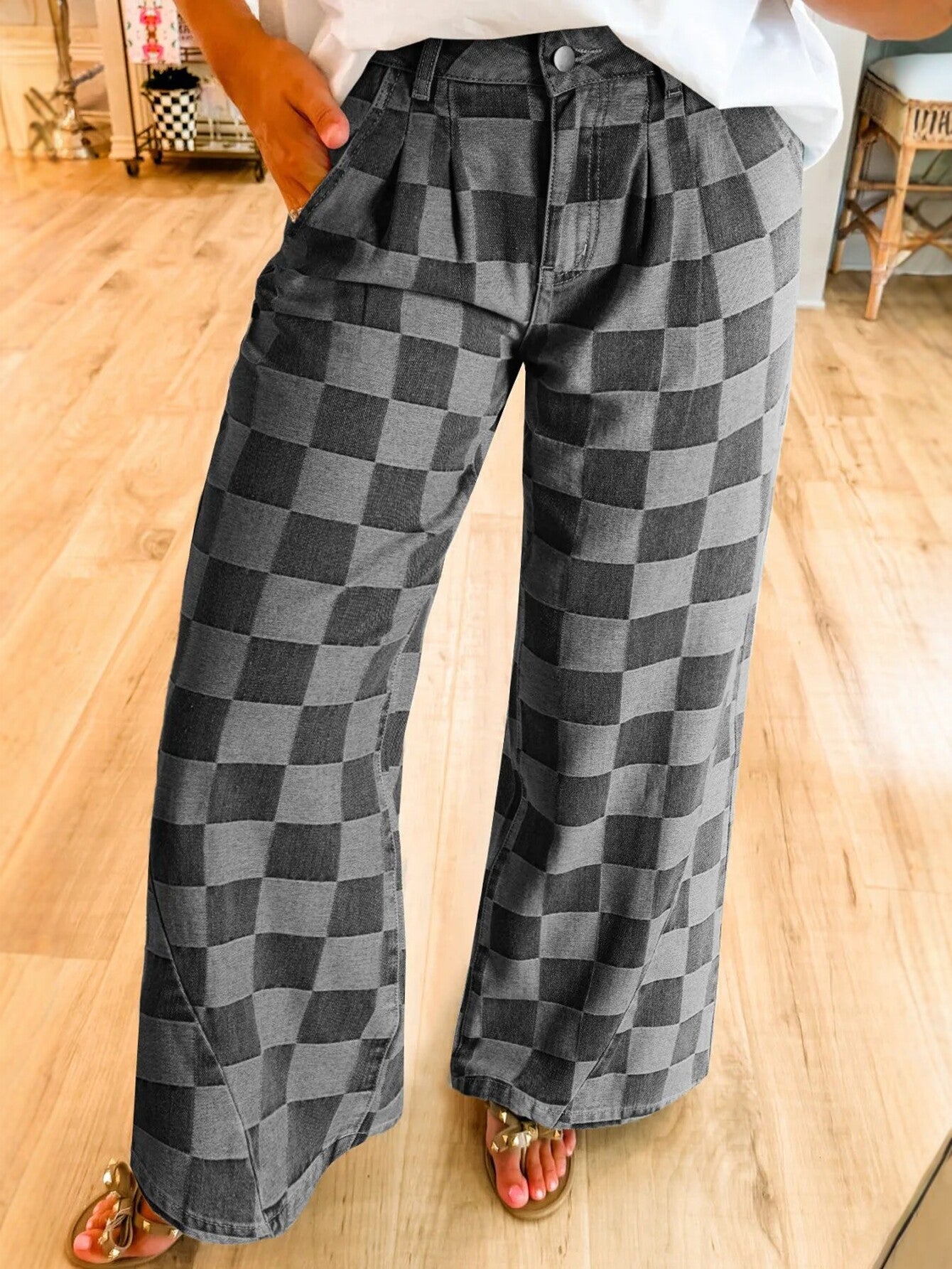 Checkered Pattern Loose Fit Jeans