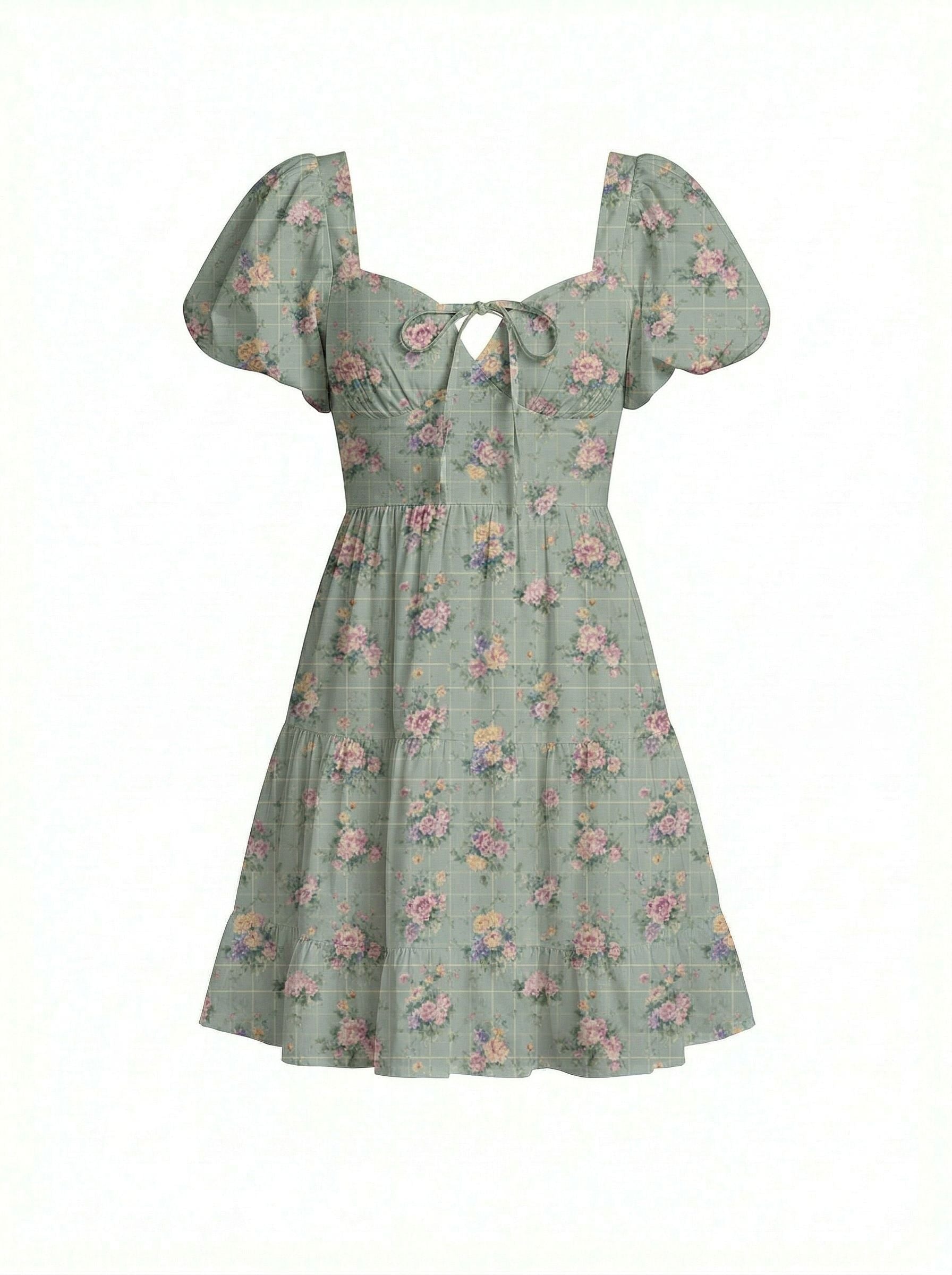 AYLA Floral Print Puff Sleeve Tiered Mini Dress