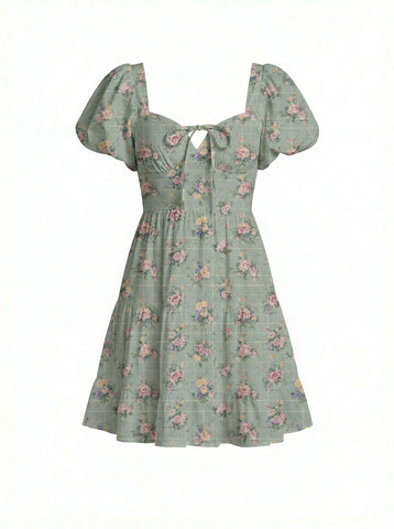 AYLA Floral Print Puff Sleeve Tiered Mini Dress