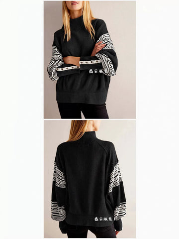 Oversized Button Cuff Thermal Pullover Sweater