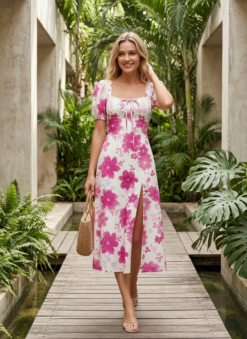 Floral Print Puff Sleeve Tie MidiDress