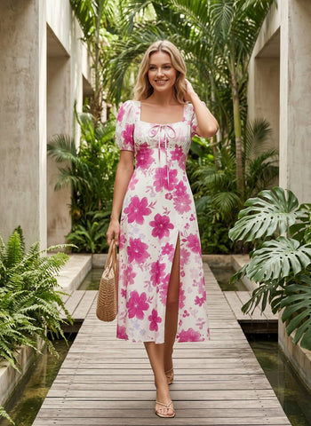 Floral Print Puff Sleeve Tie MidiDress