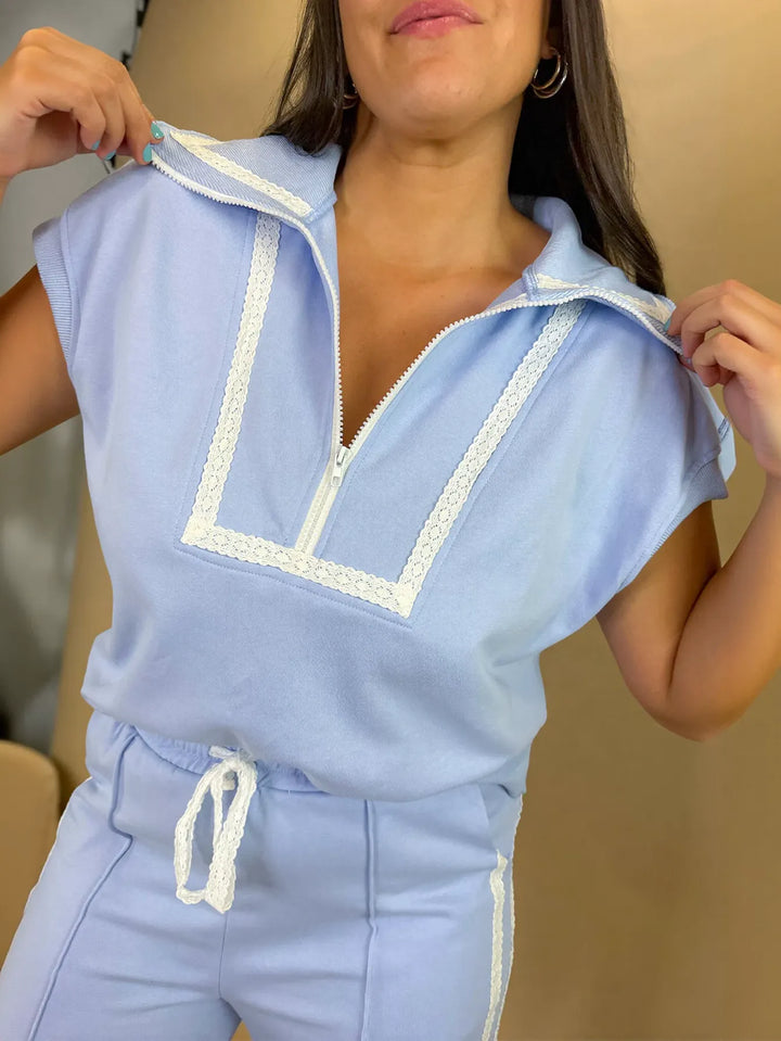 Lace Trim Zip Up Pant Set