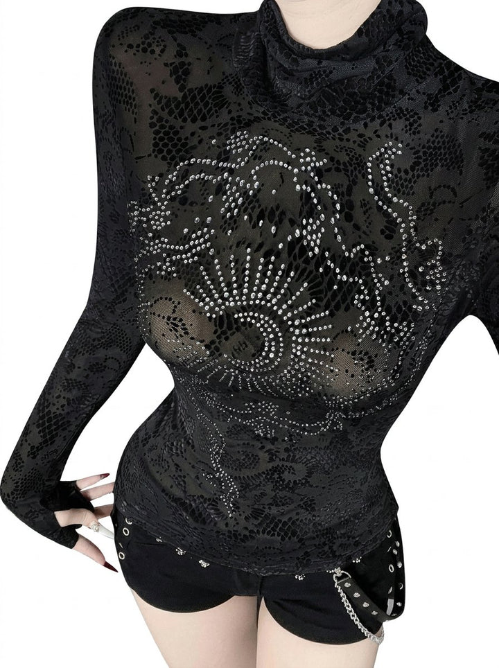 Sheer Rhinestone Mock Neck Lace Tee