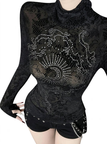 Sheer Rhinestone Mock Neck Lace Tee