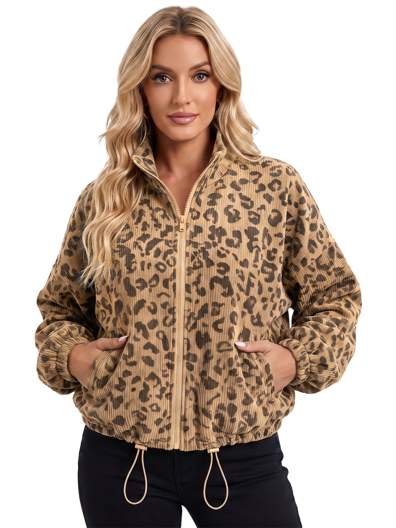 Leopard Print Corduroy Zip Up Jacket