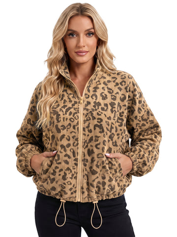 Leopard Print Corduroy Zip Up Jacket