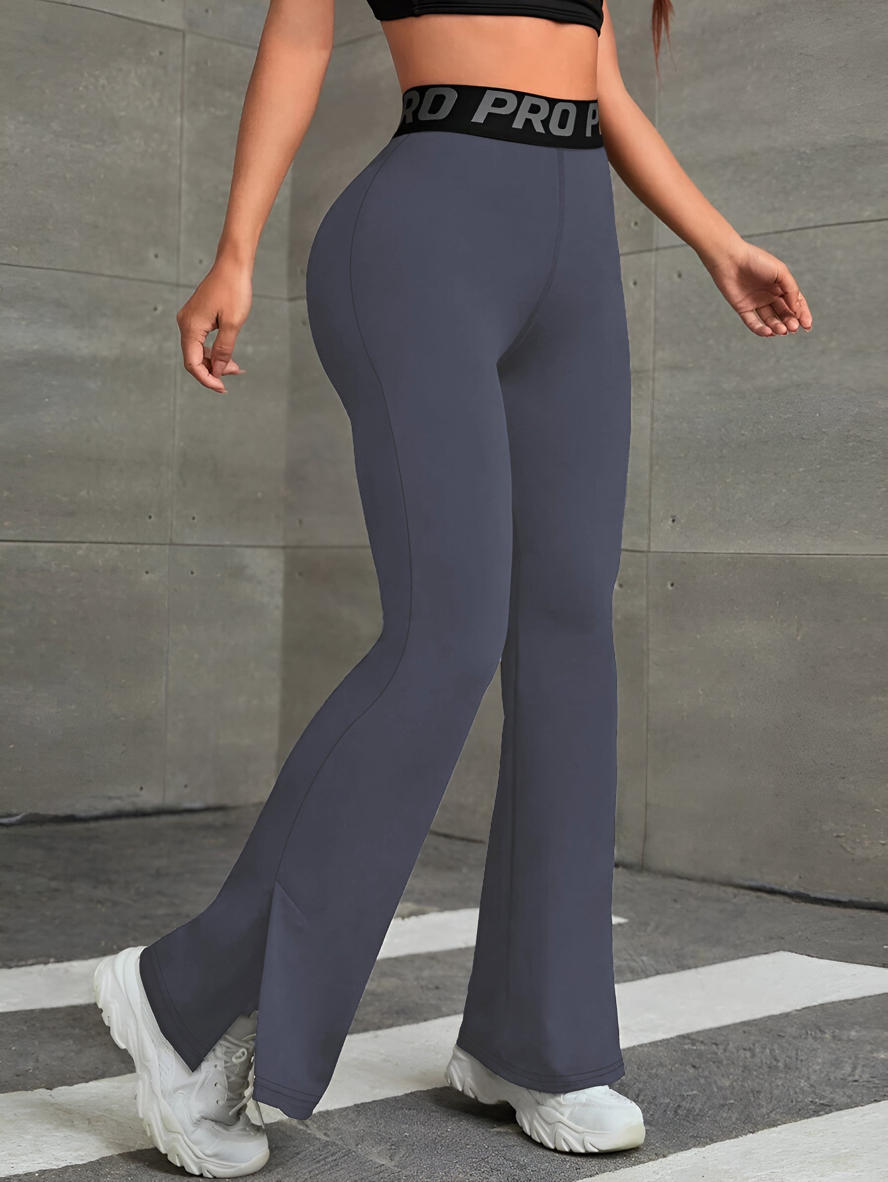 Lettered Waistband Wide-Leg Split-Hem Paneled Yoga Pants-Black