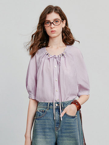 TOYOUTH Linen Blend Tie-Neck Relaxed Blouse