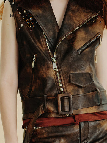 Faux Fur Trim Belted Leather Vest