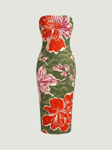 MAIA Floral Print Strapless Sheath Midi Dress