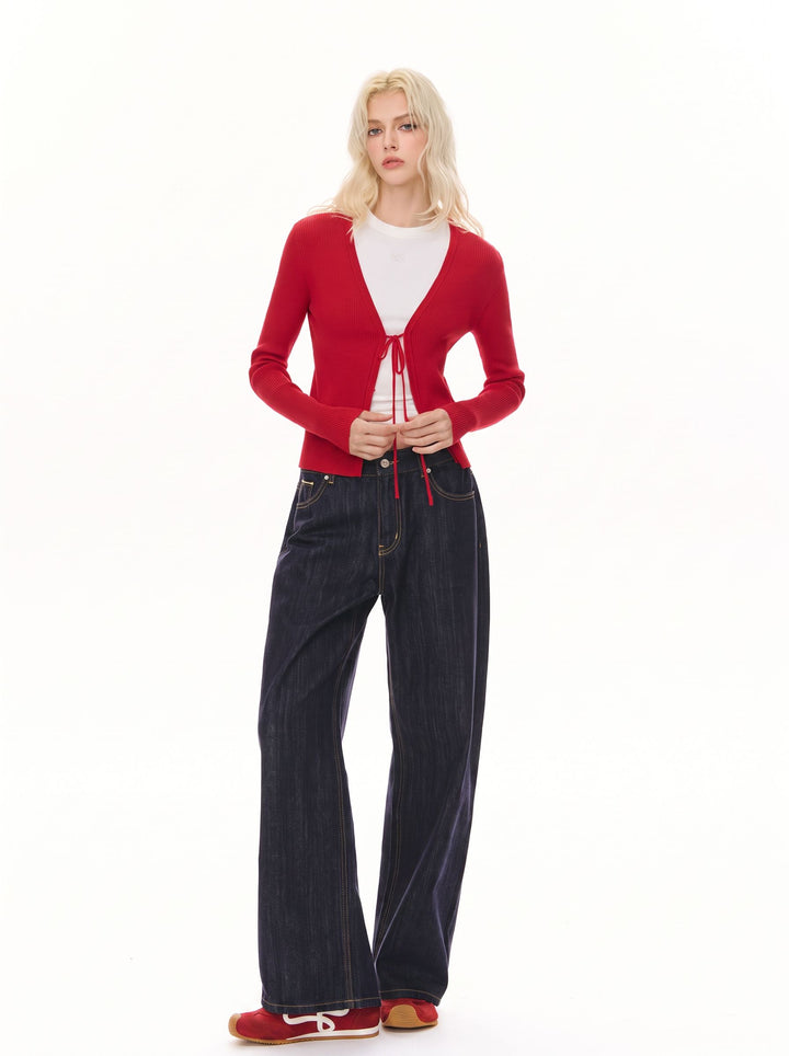 Cropped Tie Front Ribbed Cardigan