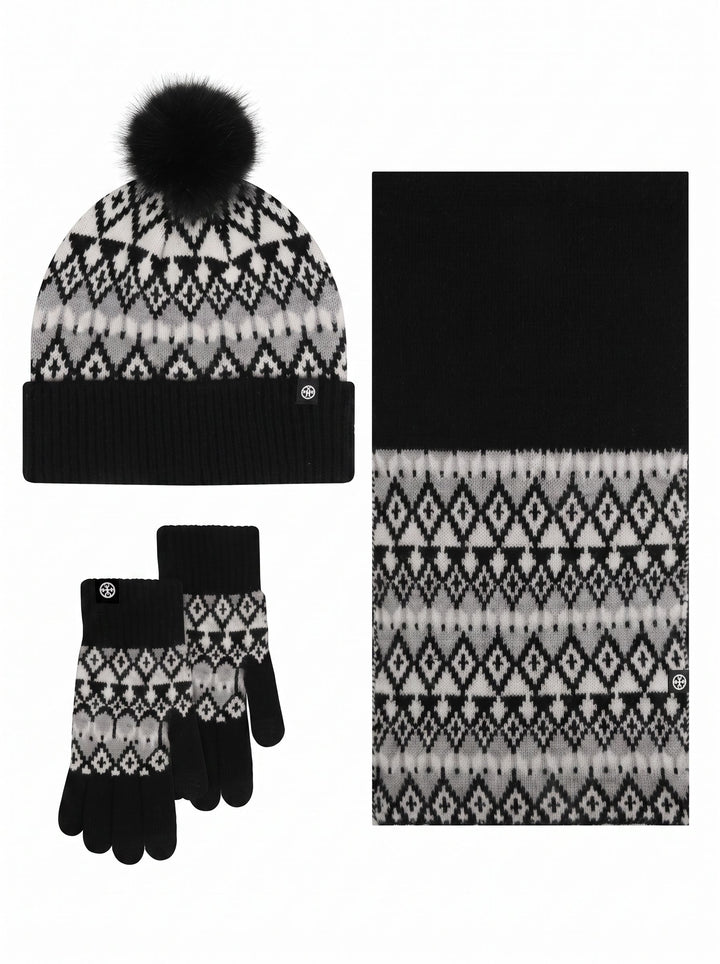 Cozy Fair Isle Pom Beanie Hat 3‑Piece Set