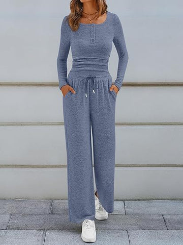 Cozy Button Henley Wide Leg Set