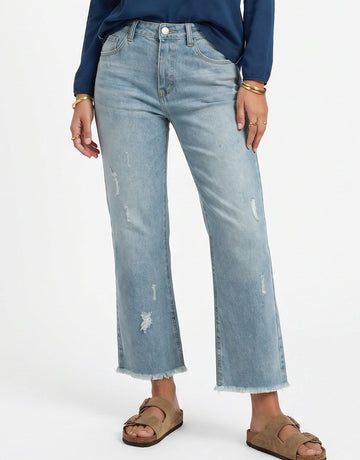 Distressed High Rise Raw Hem Jeans