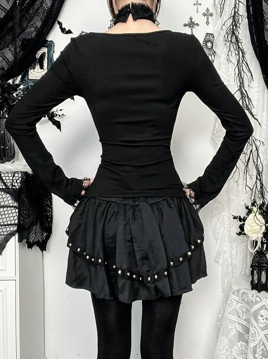 Gothic Lace Up Ruffle Long Sleeve Top