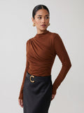Ruched Mock Neck Long Sleeve T-Shirts