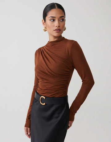 Ruched Mock Neck Long Sleeve T-Shirts