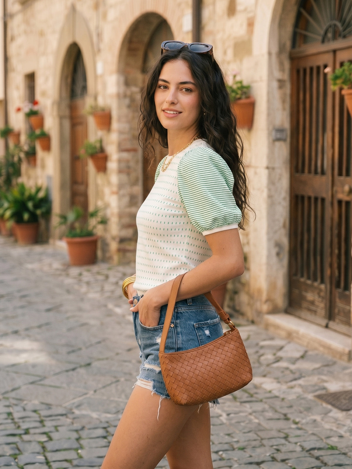 Striped Puff Sleeve Knit T Shirt