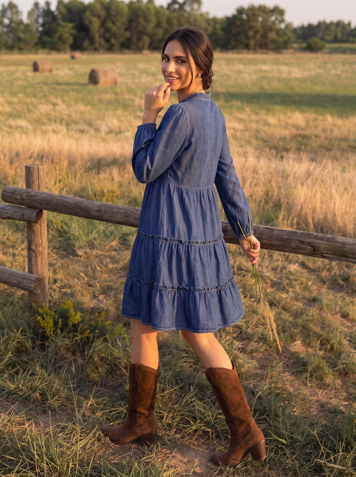 Casual V Neck Tiered Denim Dress