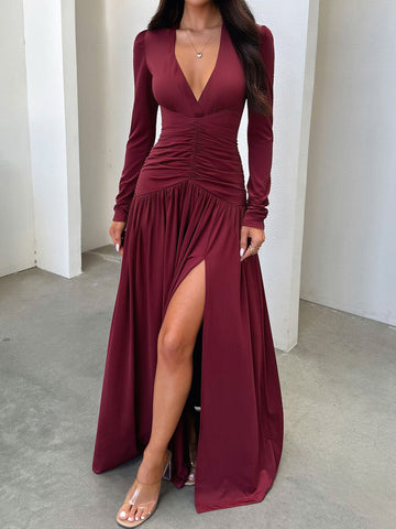 Long-Sleeve Shirred-Bodice Deep-V Elegance Maxi Dress-Multicolor