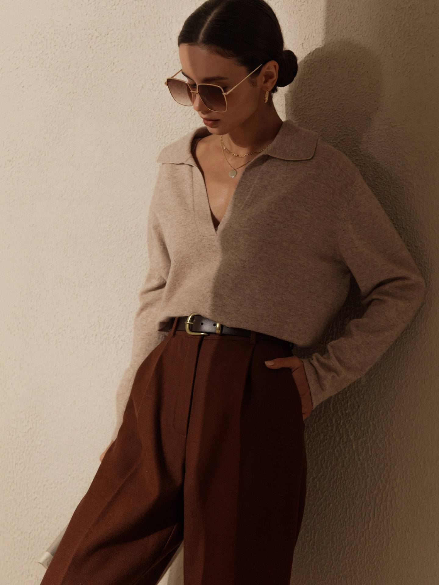 Soft Collared V Neck Knit Sweater