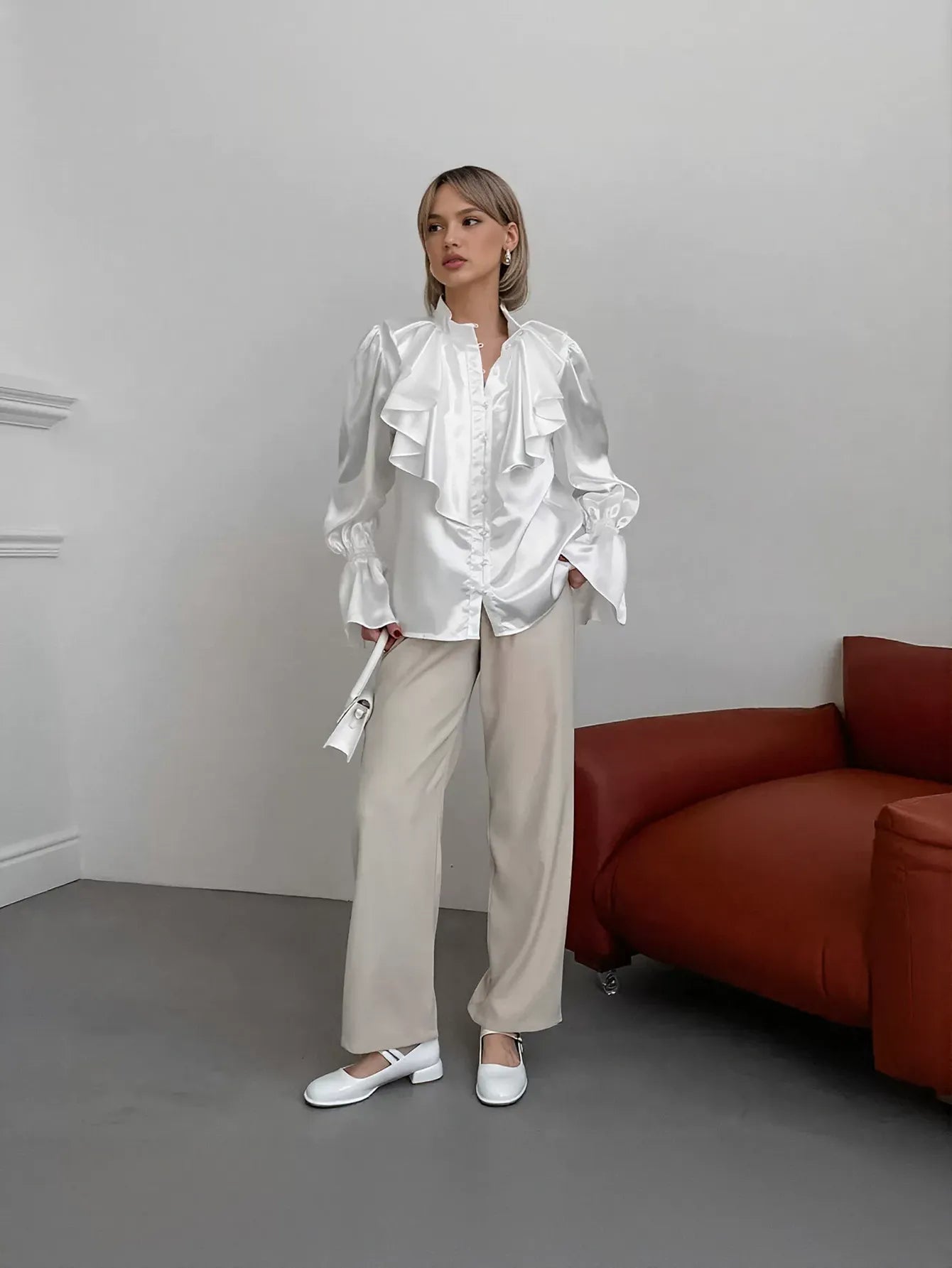 Ruffled Satin Button Down Blouse