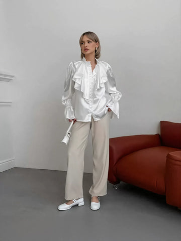 Ruffled Satin Button Down Blouse