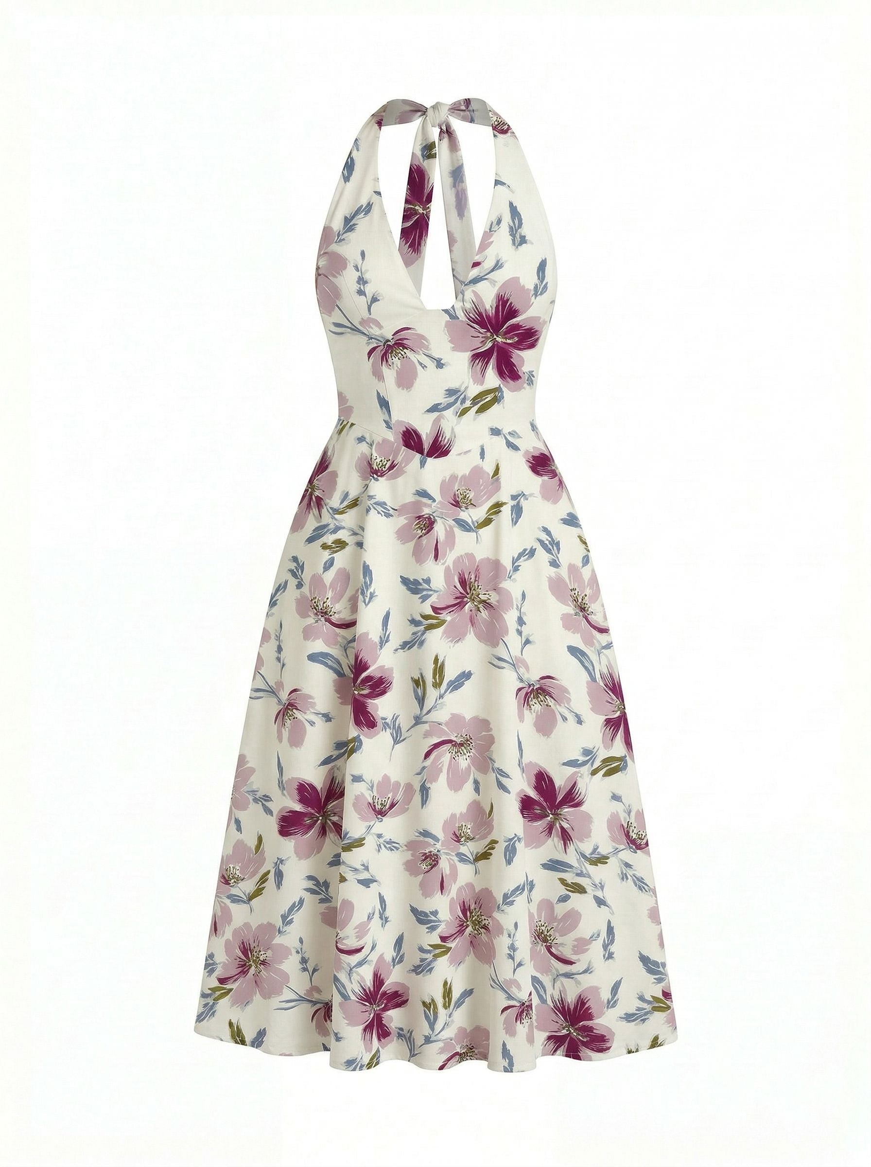 Floral Print Halter Neck Tie Back Midi Dress