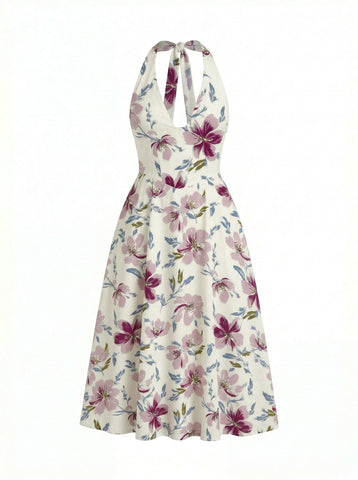 Floral Print Halter Neck Tie Back Midi Dress