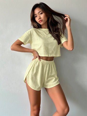 Eyelet Cropped Long Sleeve Lounge Set