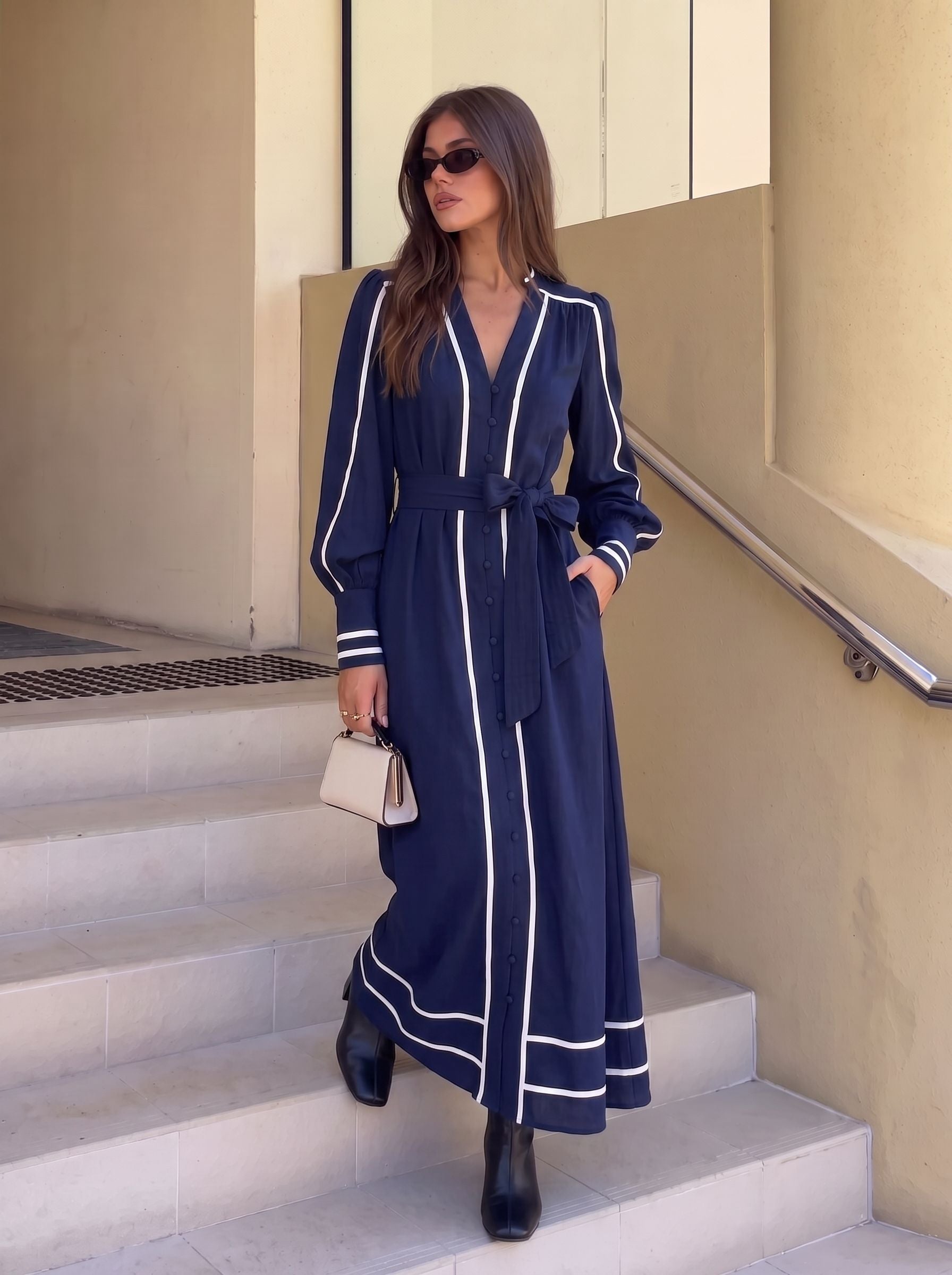 Elegant Belted Contrast Trim Maxi Dress