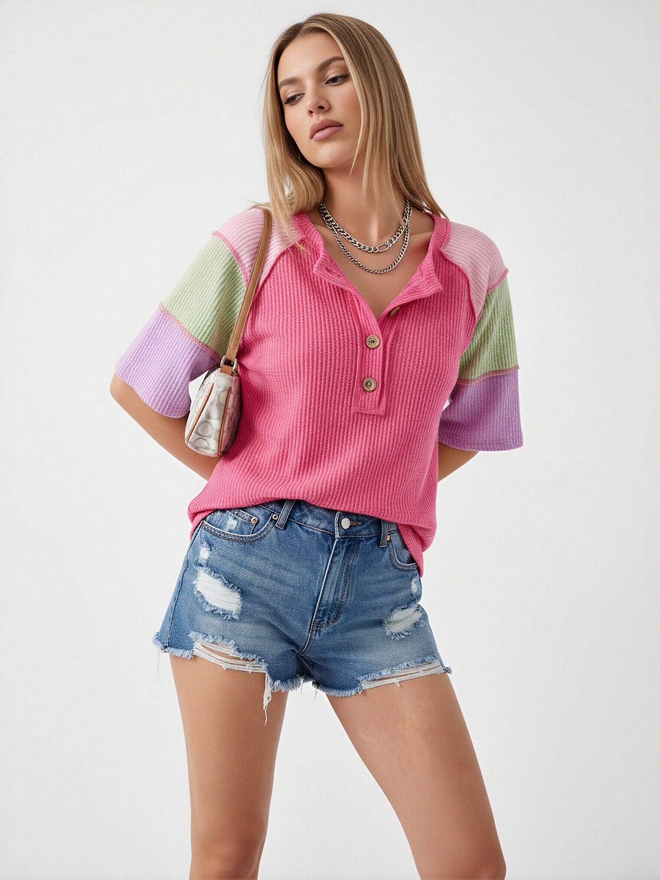Color Blocked Button Up T-Shirt