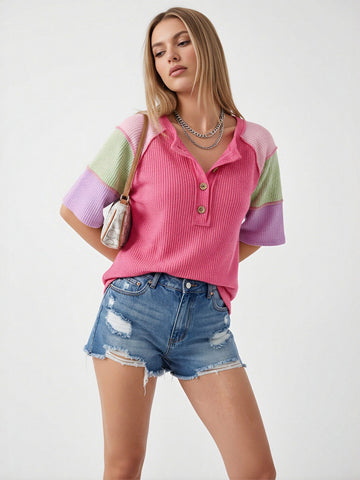 Color Blocked Button Up T-Shirt