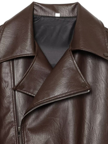 Oversized Brown Faux Leather Moto Jacket