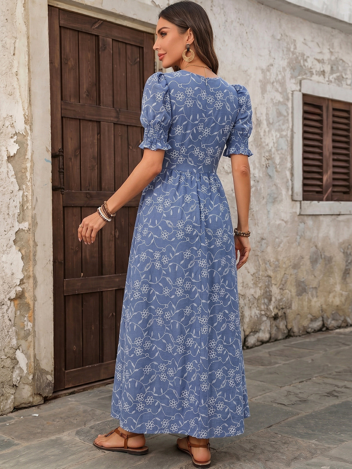 Floral Embroidered Puff Sleeve Maxi Dress