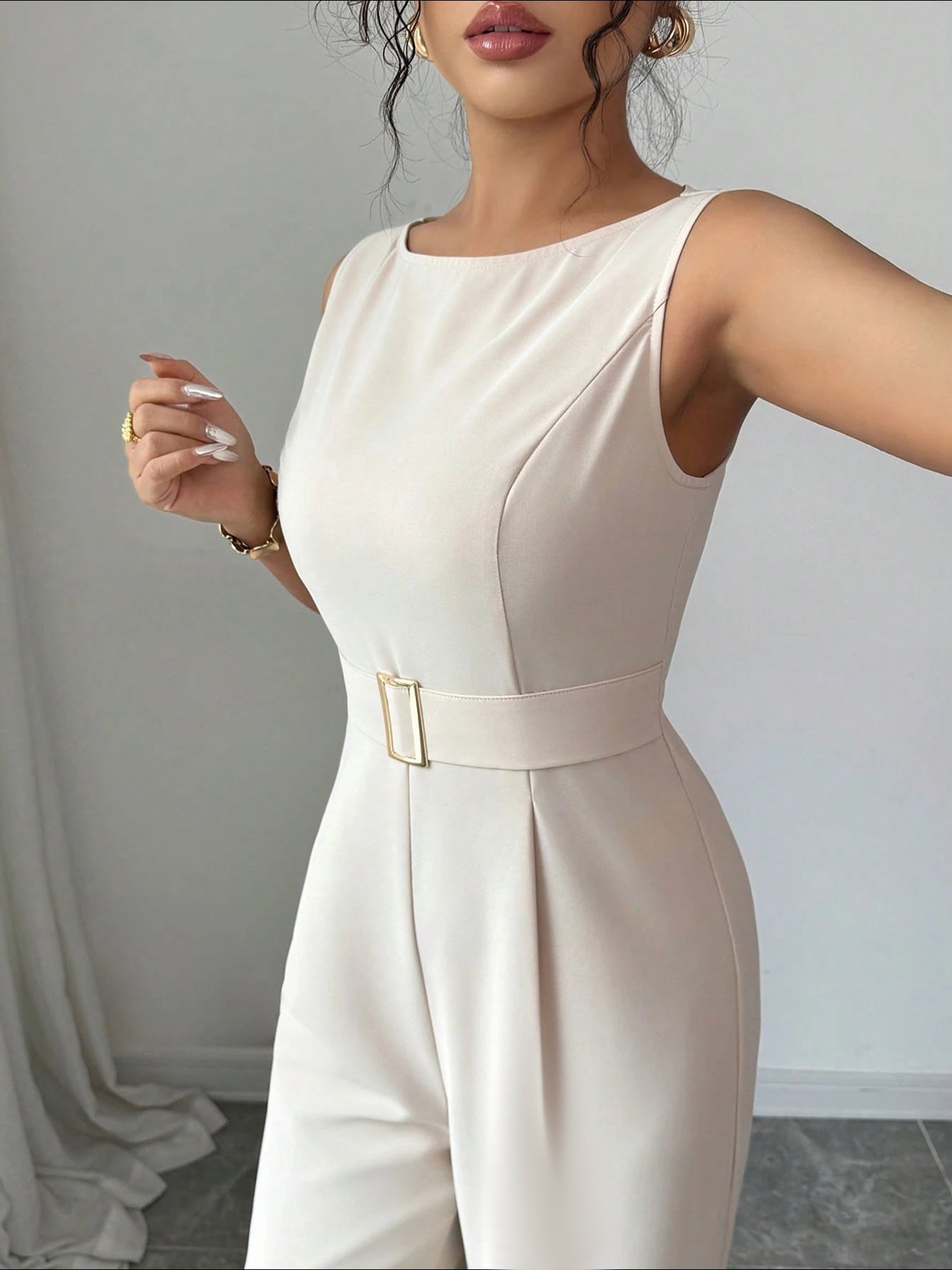 Sleeveless Belted Wide-Leg Modern Jumpsuit-Apricot