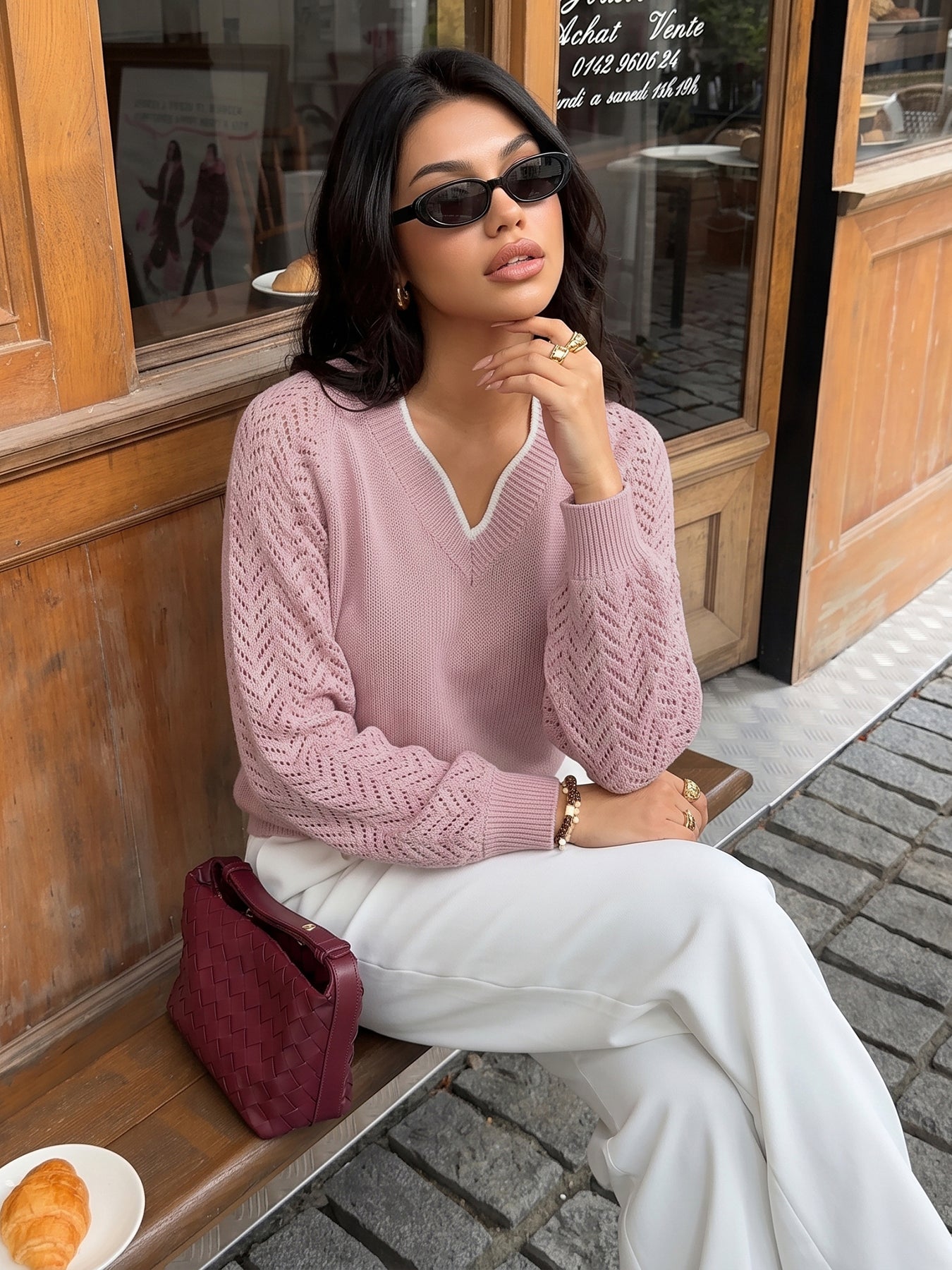 Textured V Neck Knit Sweater