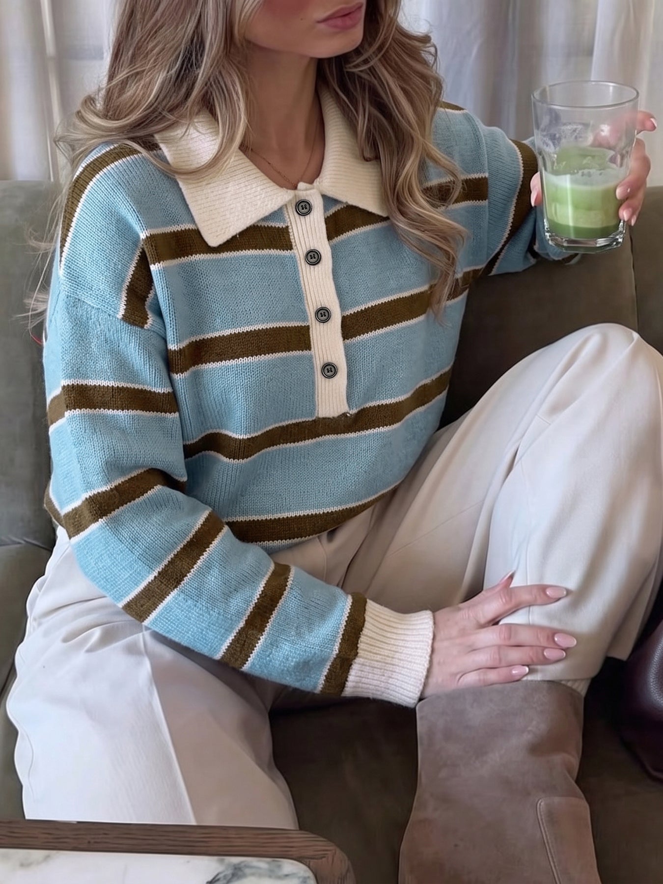 Striped Collared Button Up Knit Sweater