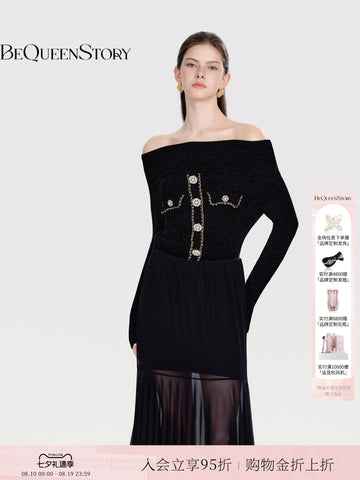 Off Shoulder Embellished Knit Sweater