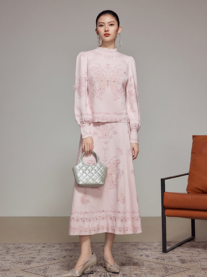 Embroidered Butterfly Pink A Line Skirt