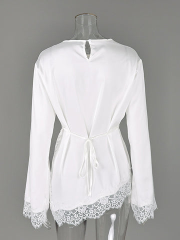 Elegant Lace Trim Satin Blouse