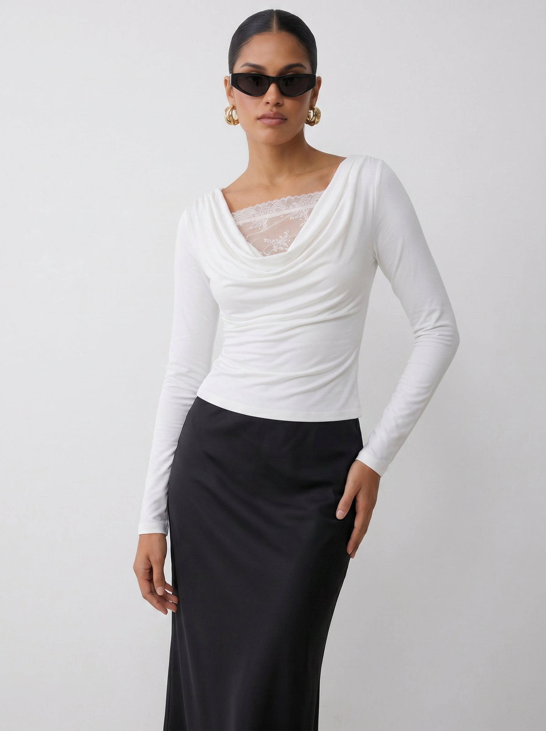 Elegant Lace Trim Cowl Neck T-shirt