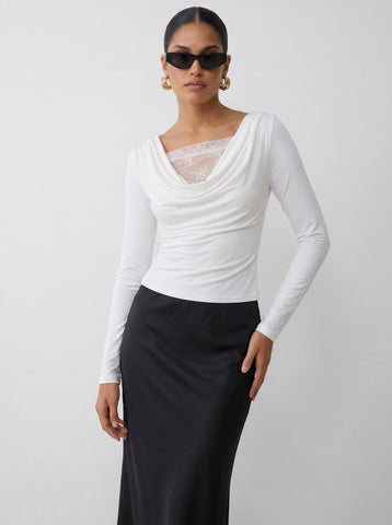 Elegant Lace Trim Cowl Neck T-shirt
