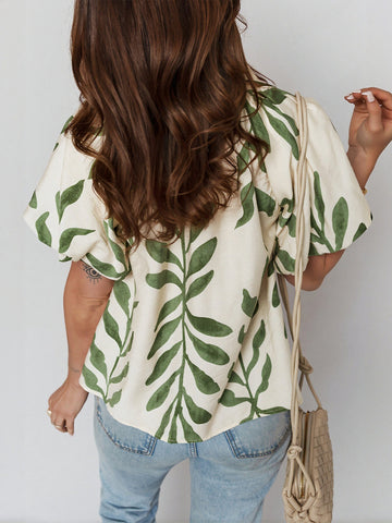 Leaf Print Puff Sleeve Shirt