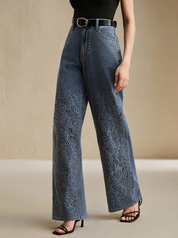 Embroidered Cutout High Waisted Wide Jeans